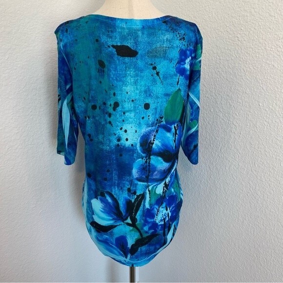 Blue Aqua Black Floral Abstract Sparkle Studded Short Sleeve Scoop Neck Top SZ L - Picture 6 of 11